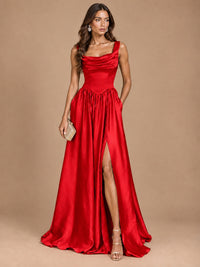 Cowl Neck Pleated Satin Prom Dress with Pockets & Slit Maxi Formal Gowns