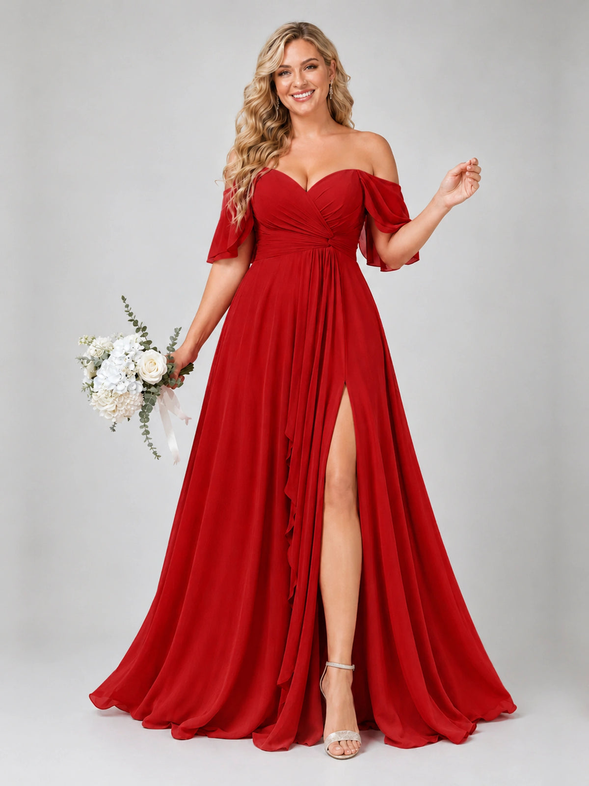 Off Shoulder Chiffon Bridesmaid Dress with Slit