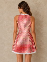 Red gingham mini dress with scalloped trim and fit and flare silhouette