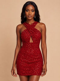 Red sparkly cut-out party mini dress - Jovellee