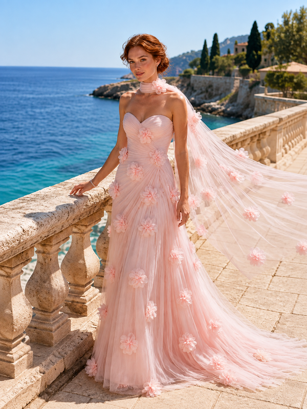Romantic pink floral wedding gown with sheer cape and 3D flower details