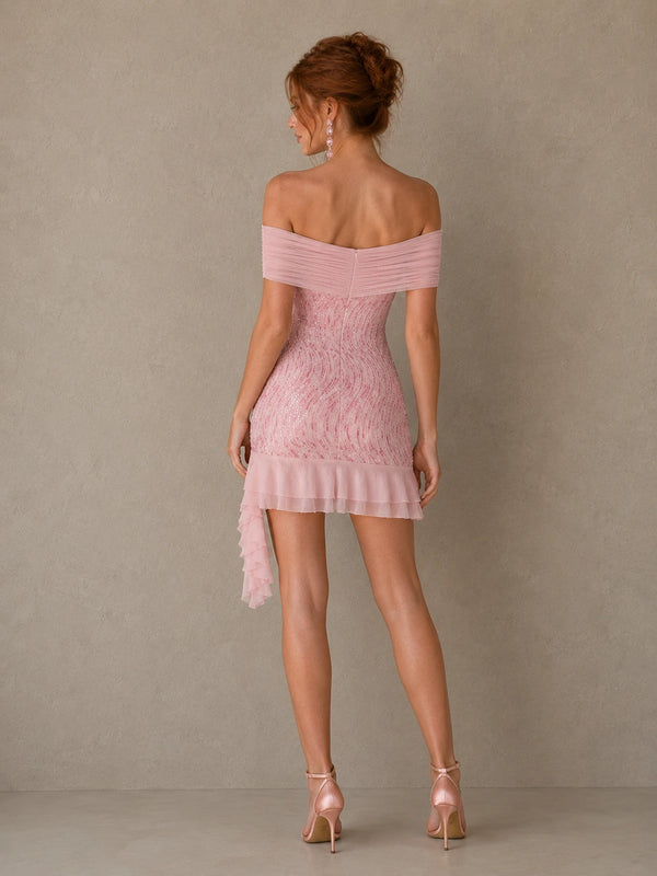 Back view of the Rosalie pink sequin mini dress with an off-shoulder neckline, fitted shape and ruffle hem