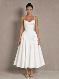 Full-length front view of the Jovellee Rosaline white sweetheart Basque-waist midi wedding dress in a standing pose