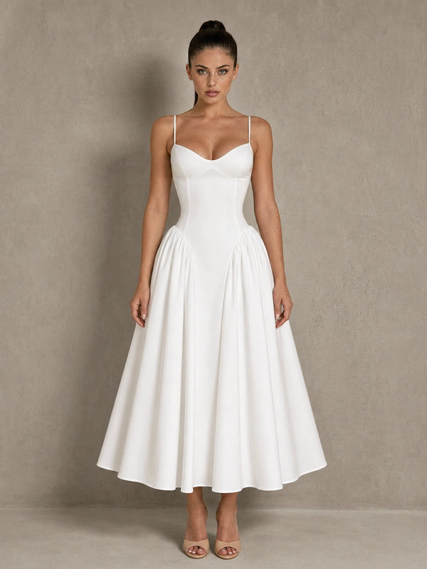 Full-length front view of the Jovellee Rosaline white sweetheart Basque-waist midi wedding dress in a standing pose