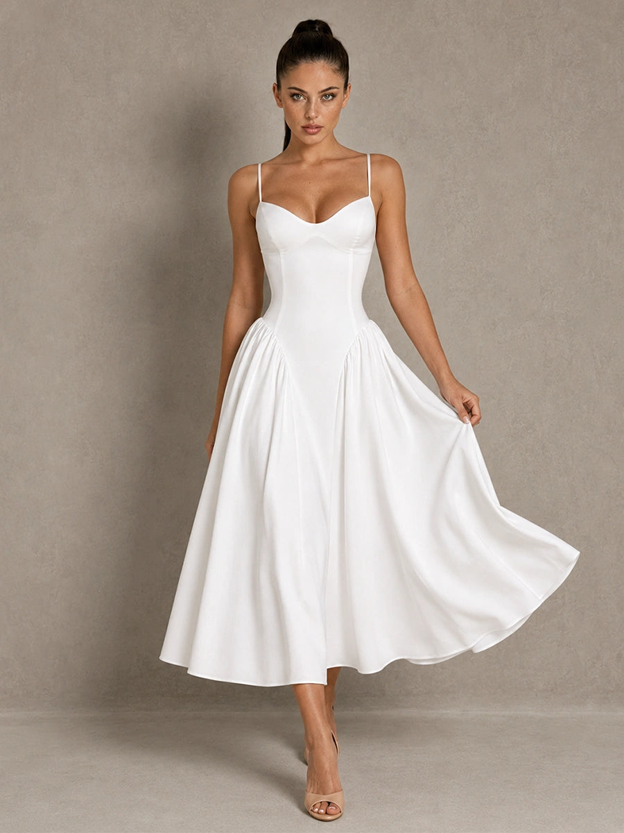 Three-quarter full-length view of the Jovellee Rosaline white sweetheart midi wedding dress with a Basque waist