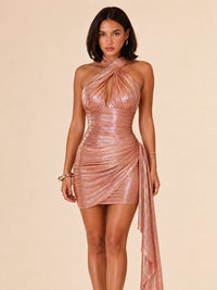 Rose Gold Metallic Halter Mini Dress with Front Cutout and Side Sash