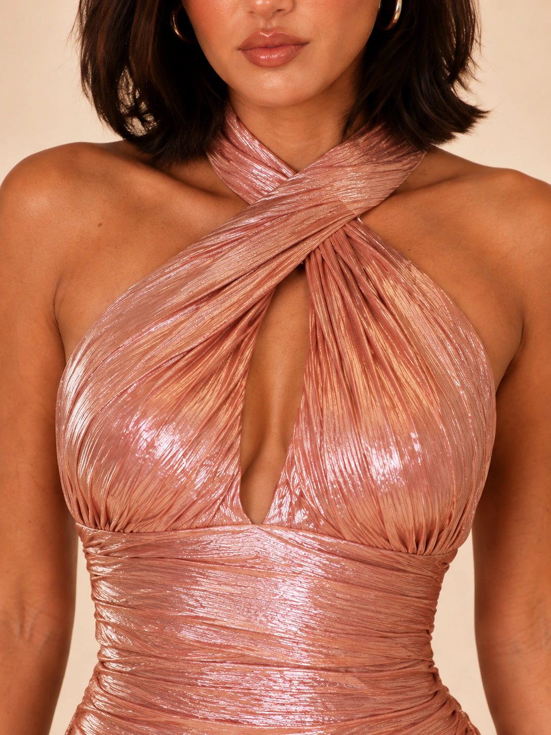 Rose Gold Metallic Halter Mini Dress with Front Cutout and Side Sash