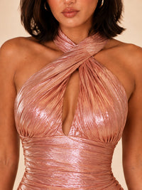Rose Gold Metallic Halter Mini Dress with Front Cutout and Side Sash