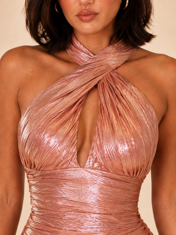 Rose Gold Metallic Halter Mini Dress with Front Cutout and Side Sash
