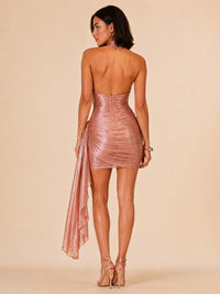 Rose Gold Metallic Halter Mini Dress with Front Cutout and Side Sash