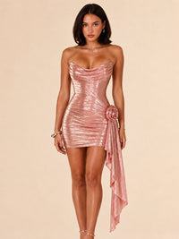 Rose Gold Metallic Strapless Corset Mini Dress with Rosette Sash