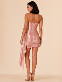 Rose Gold Metallic Strapless Corset Mini Dress with Rosette Sash