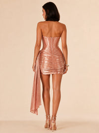 Rose Gold Metallic Strapless Corset Mini Dress with Ruched Sash