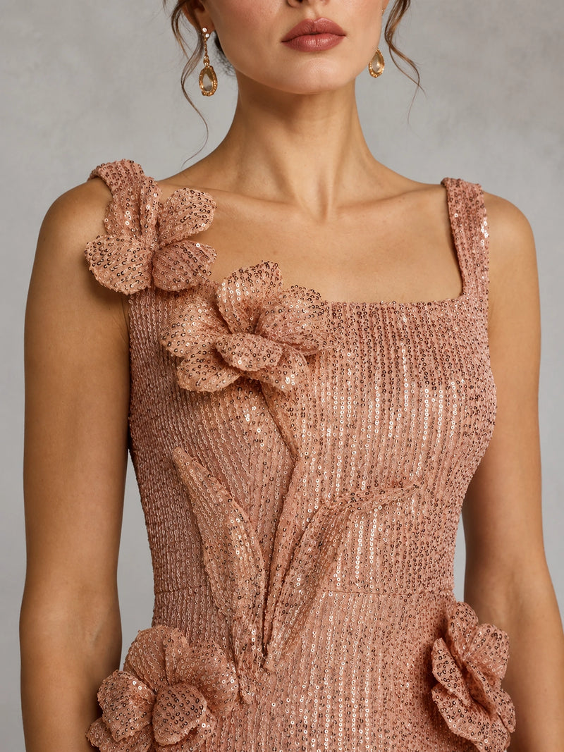 Rose Gold Sequin Mermaid Prom Dress with Floral Applique