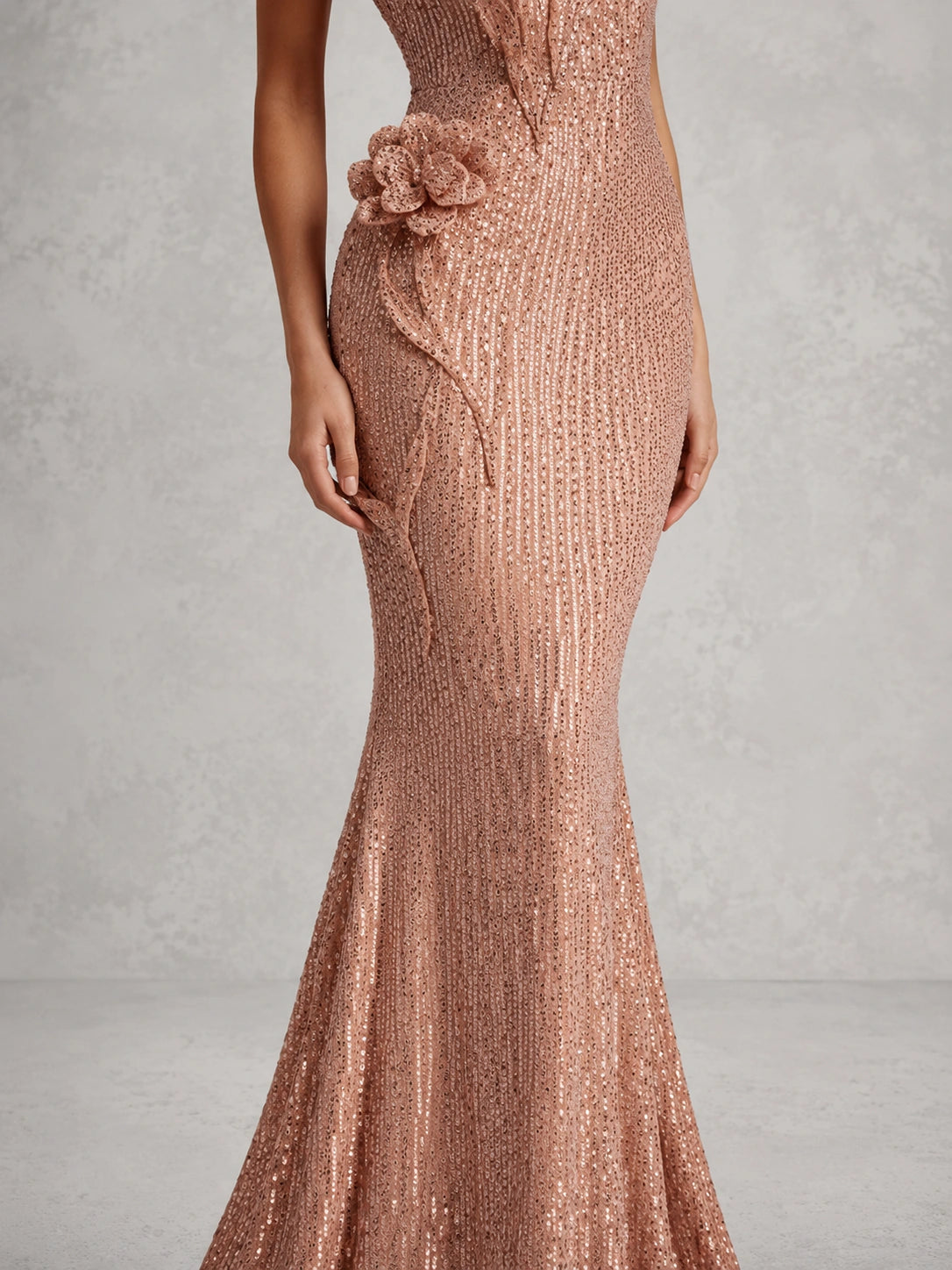 Rose Gold Sequin Mermaid Prom Dress with Floral Applique