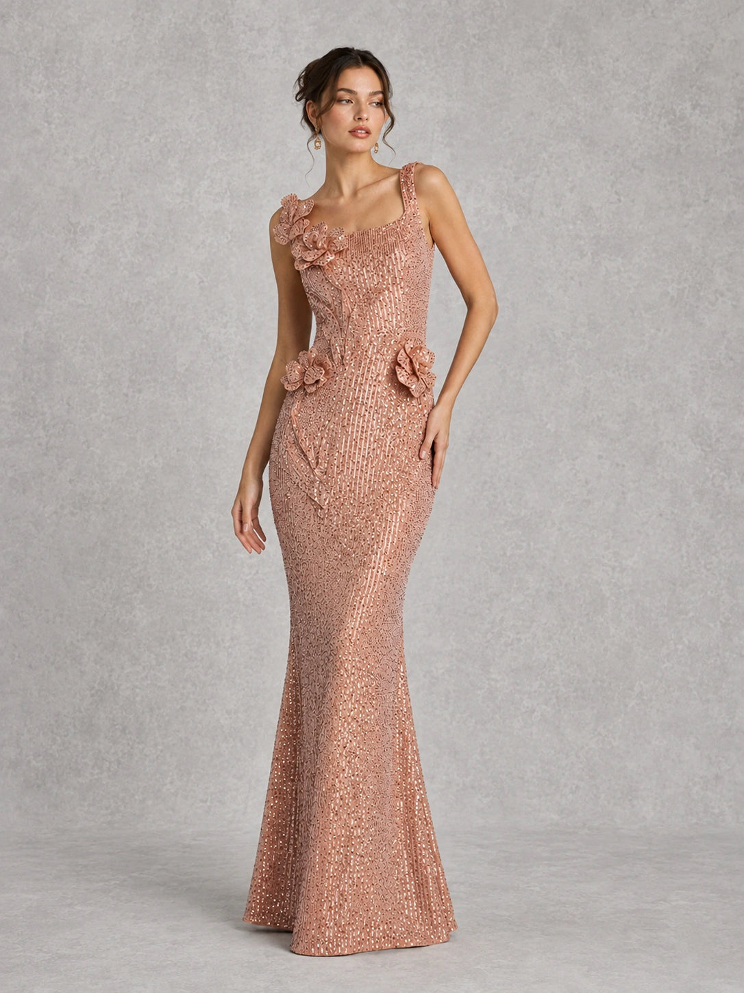 Rose Gold Sequin Mermaid Prom Dress with Floral Applique