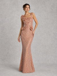 Rose Gold Sequin Mermaid Prom Dress with Floral Applique