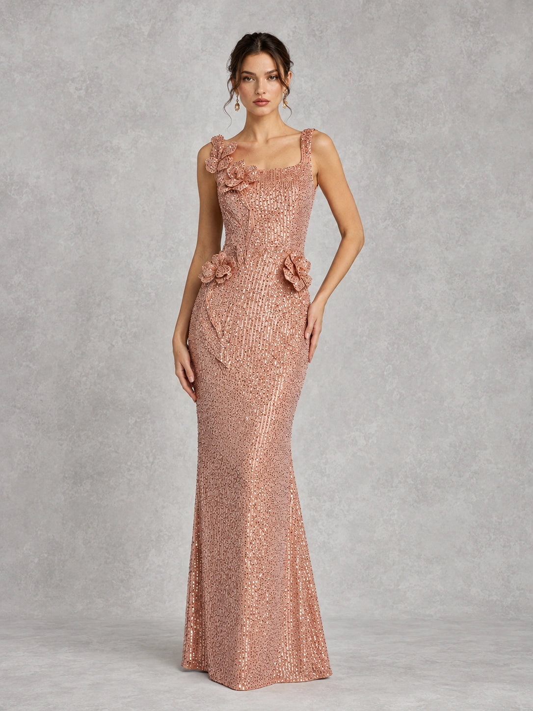 Rose Gold Sequin Mermaid Prom Dress with Floral Applique