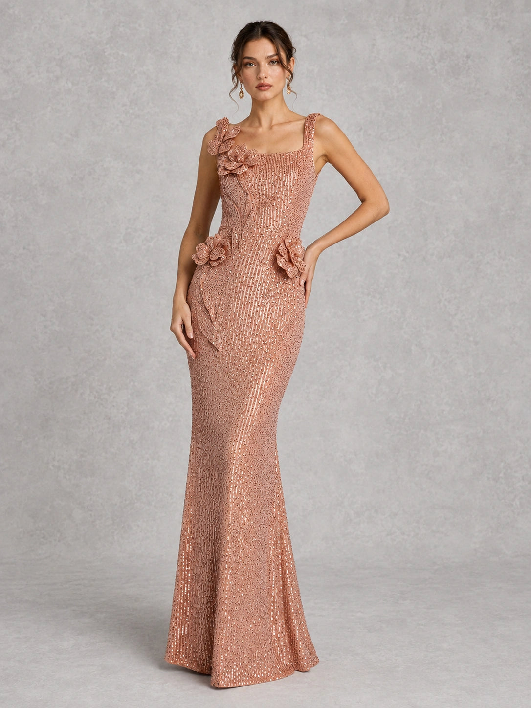 Rose Gold Sequin Mermaid Prom Dress with Floral Applique