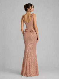 Rose Gold Sequin Mermaid Prom Dress with Floral Applique