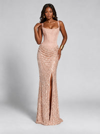 Sequin Corset Mermaid Prom Dress with Square Neck Wide Strap High Slit