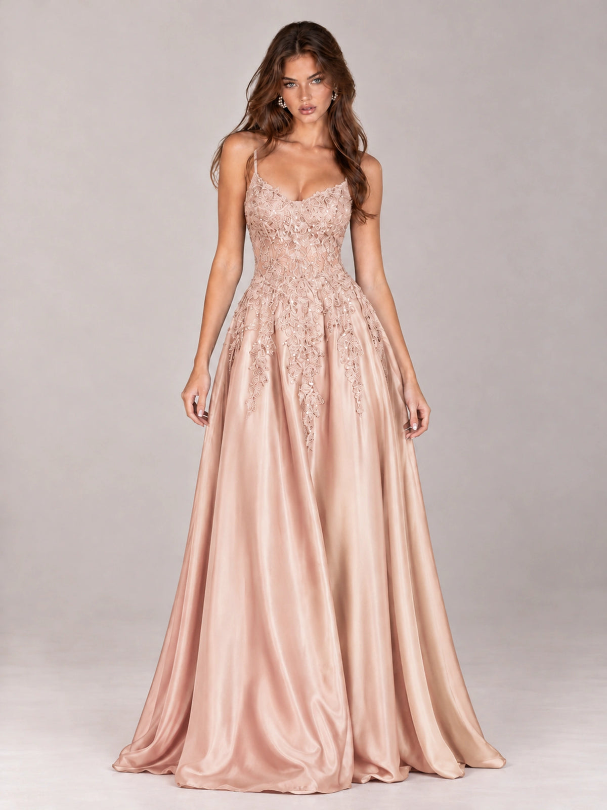 Lace Applique Satin A-Line Prom Dress with Sheer Bodice