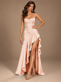 Burgundy Spaghetti Strap Ruched Prom Dress with Ruffled High Slit