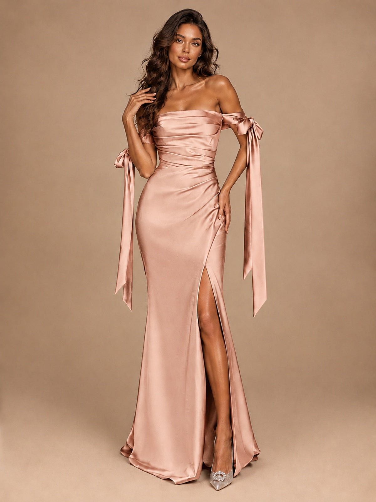 Off The Shuolder Satin Prom Dress Slit Mermaid Formal Gowns