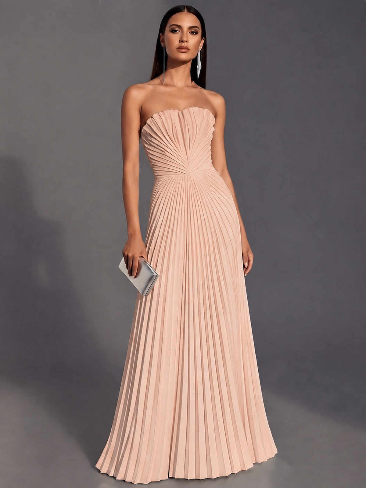 Rose Gold Strapless Pleated Satin Prom Dress Long Formal Gown Evening Dress