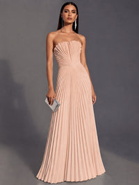 Rose Gold Strapless Pleated Satin Prom Dress Long Formal Gown Evening Dress