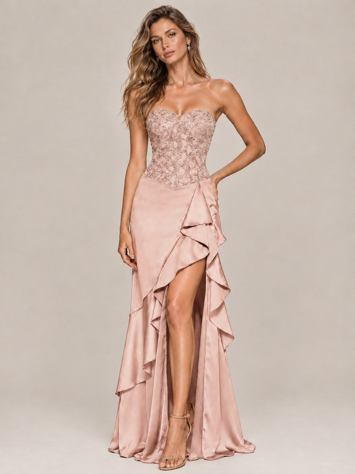 Strapless Lace Appliques Corset Satin Prom Dress Ruffle Slit Evening Gown