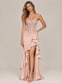 Strapless Lace Appliques Corset Satin Prom Dress Ruffle Slit Evening Gown