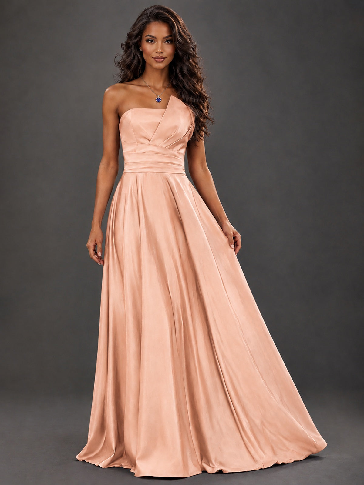 Draped Satin Prom Dress Strapless A-line Formal Dress Floor Length