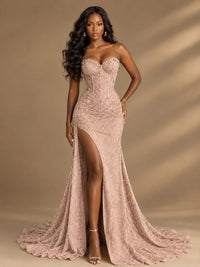 Beaded Sequin Prom Dress Strapless Formal Gowns with High Slit Train