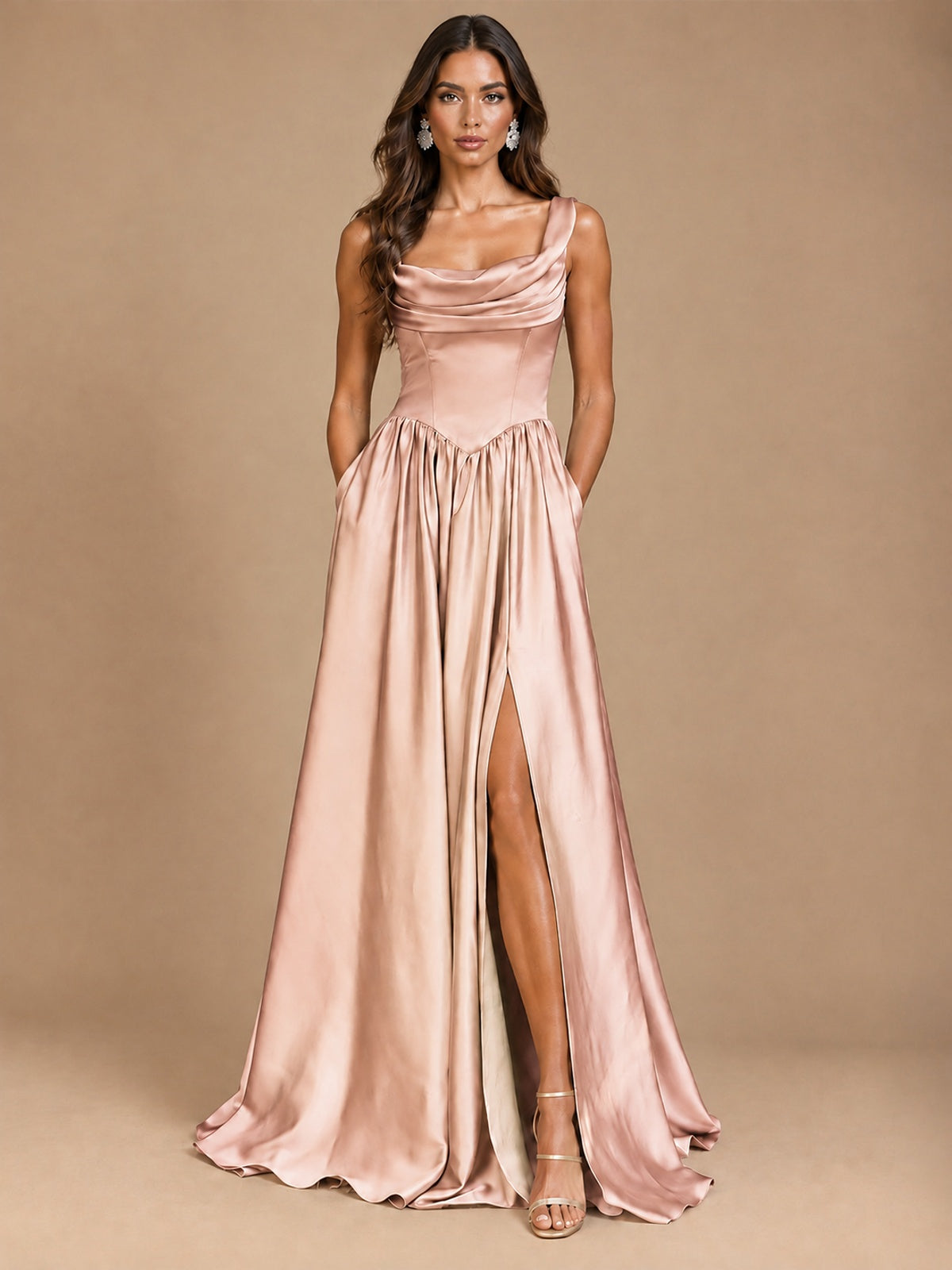 Cowl Neck Pleated Satin Prom Dress with Pockets & Slit Maxi Formal Gowns