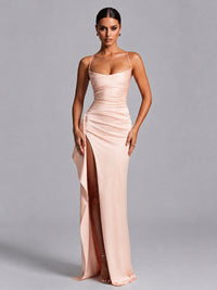 Rose Gold Squre Neck Pleated Satin Prom Dresses for Teens Women Long Evening Formal Gown with Slit Ruffles