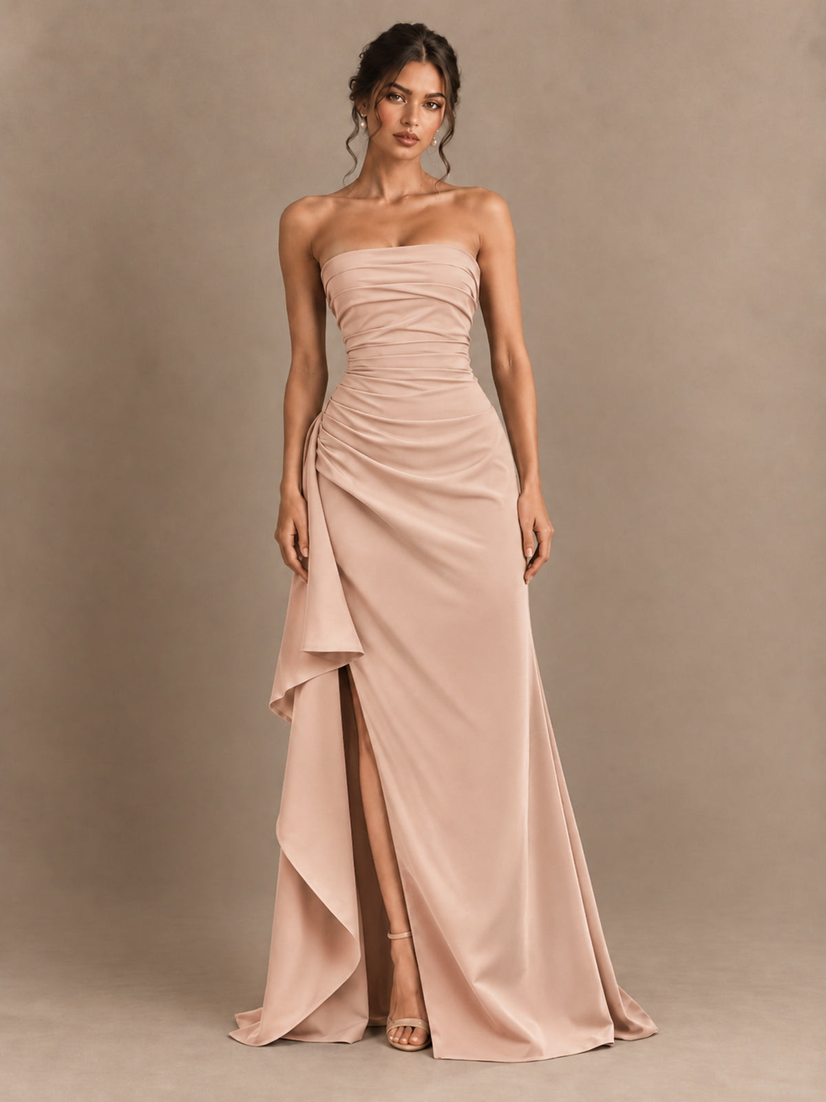 Black and White Strapless Ruched Prom Dress with High Slit & Side Drape