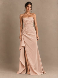 Black and White Strapless Ruched Prom Dress with High Slit & Side Drape
