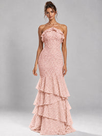 Halter Tiered Mermaid Prom Dress with Sparkly Lace