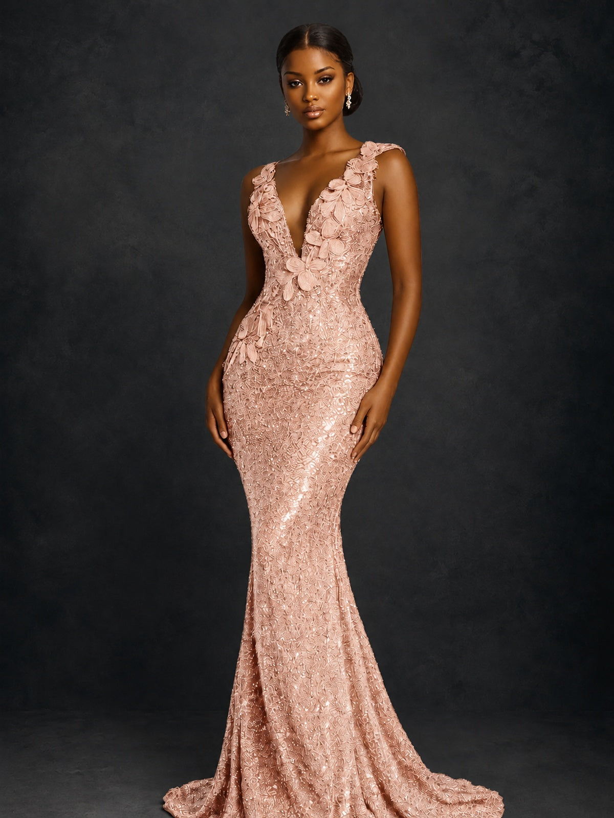 Gold Sequin Floral Applique Mermaid Prom Dress