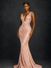 Gold Sequin Floral Applique Mermaid Prom Dress