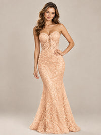 Strapless Corset Mermaid Prom Dress with Floral Lace Appliqué