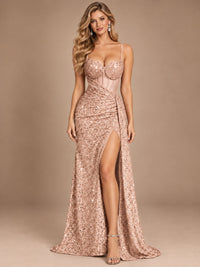 Burgundy Sequin Corset Prom Dress with High Slit