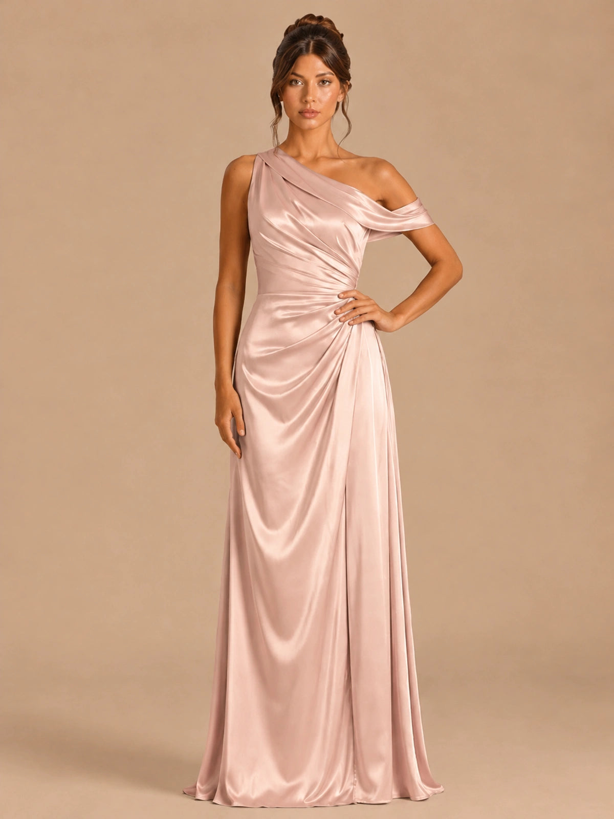 Rose Gold-satin one shoulder prom dress ruched long formal gow Jovelle