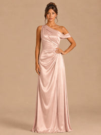 Rose Gold-satin one shoulder prom dress ruched long formal gow Jovelle