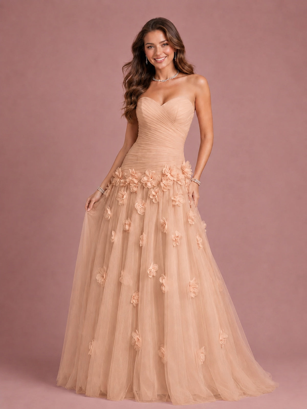 Blush Pink Strapless Sweetheart 3D Floral Tulle Ball Gown Prom Dres