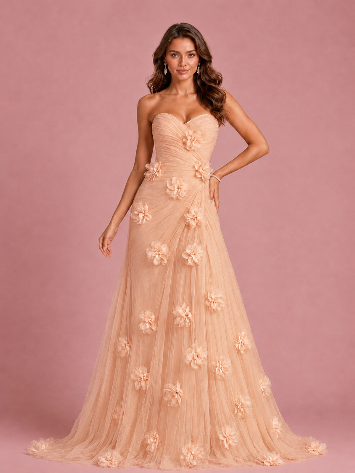 3D Floral Applique Strapless Tulle Prom Dress with High Slit