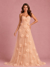 3D Floral Applique Strapless Tulle Prom Dress with High Slit
