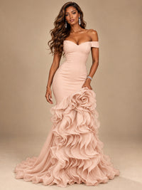 Dusty Blue Off-the-Shoulder Mermaid Prom Dress with 3D Rose & Ruffles