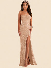 Sequin Lace Appliques Mermaid Prom Dress Spaghetti Strap Formal Gowns with Slit